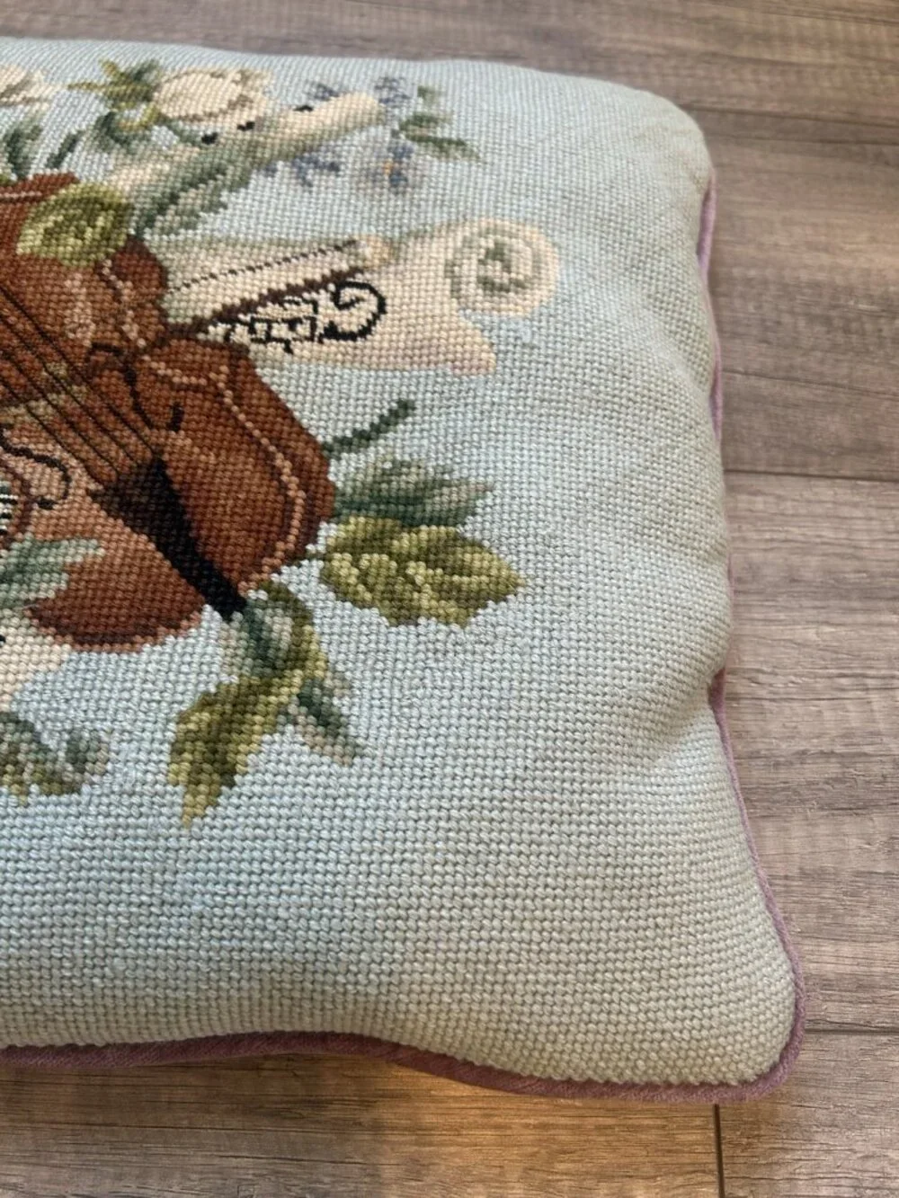 Vintage Needlepoint Pillow Violin Floral 15” X 15” Purple Velvet Cottagecore Fun